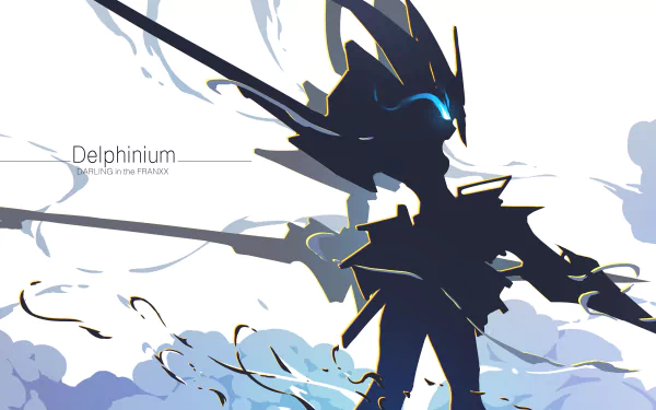 HD desktop wallpaper featuring a stylized silhouette of Delphinium from Darling in the FranXX set against a dynamic blue and white abstract background.