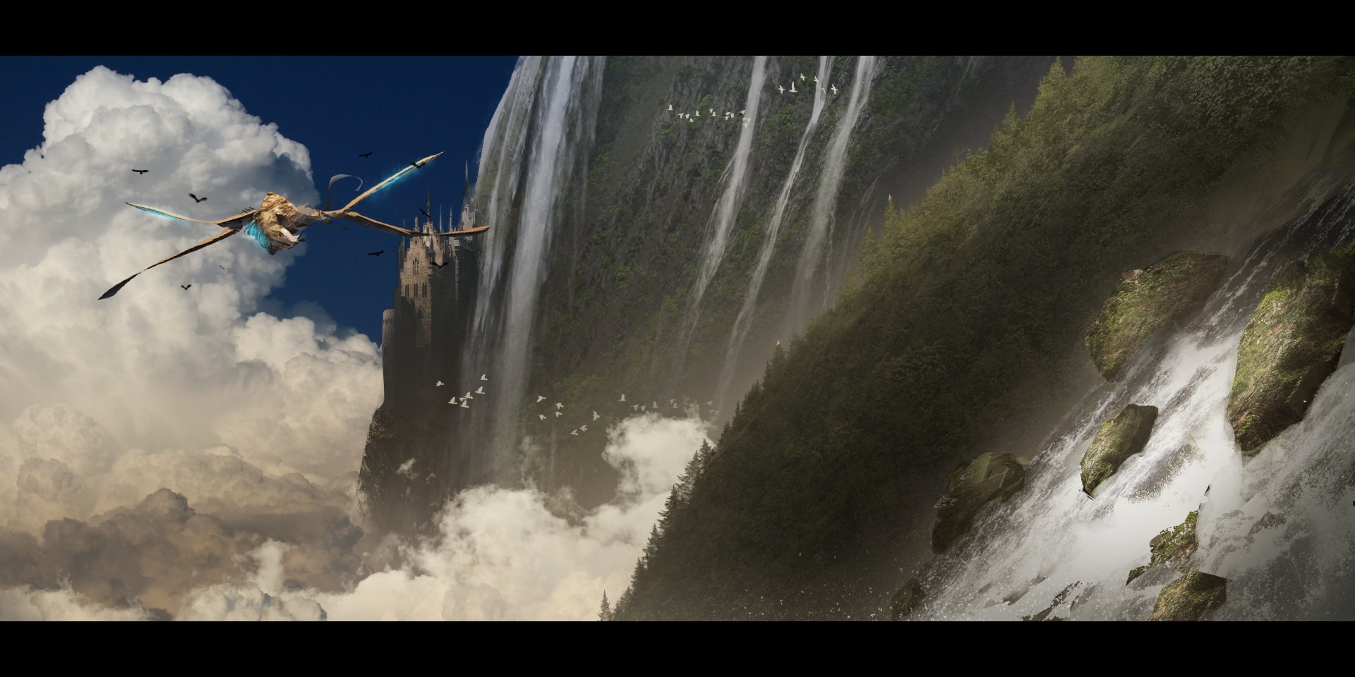 Download Cliff Castle Mountain Cloud Bird Dragon Sky Anime Original Anime Bird Sky Anime HD Wallpaper by あすてろid