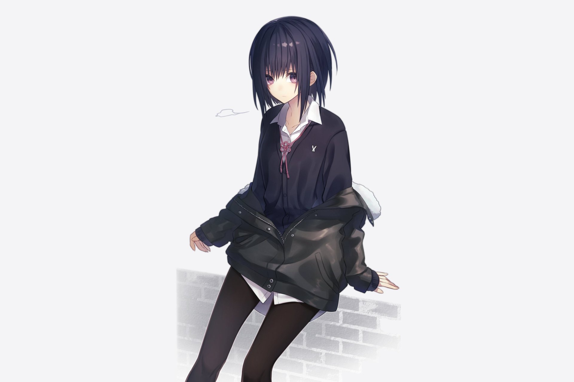 Anime-style original illustration of a girl with short black hair wearing a dark jacket and skirt, set against a minimalist white background, HD desktop wallpaper.