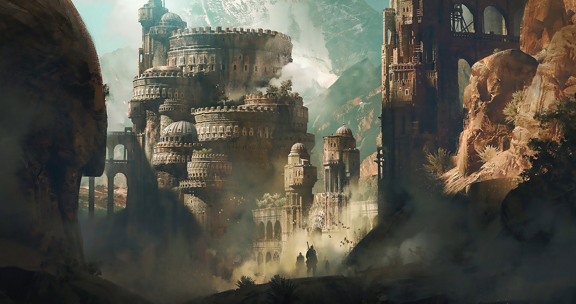 A mystical castle rises amidst dramatic landscapes, surrounded by mist and towering mountains, creating an enchanting fantasy scene for an HD PC desktop wallpaper and background.