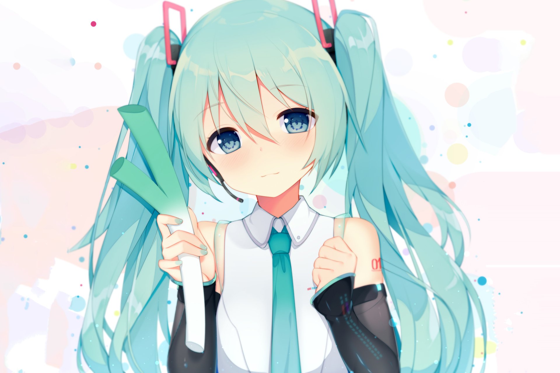 Hatsune Miku (Vocaloid) anime portrait: teal twin-tails, school-style outfit and tie, holding an umbrella against pastel confetti — HD PC desktop wallpaper and background.