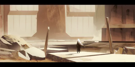 HD anime-style desktop wallpaper featuring a lone figure standing amid vast, sunlit ruins with towering pillars and debris scattered across the scene.