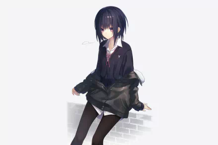 Anime-style original illustration of a girl with short black hair wearing a dark jacket and skirt, set against a minimalist white background, HD desktop wallpaper.