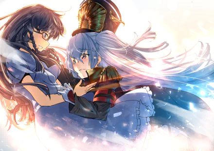 HD PC desktop wallpaper featuring Setsuna Shimazaki from Gunpuku no Himegimi and Re:Creators in an anime-style emotional scene with soft lighting and dynamic movement.