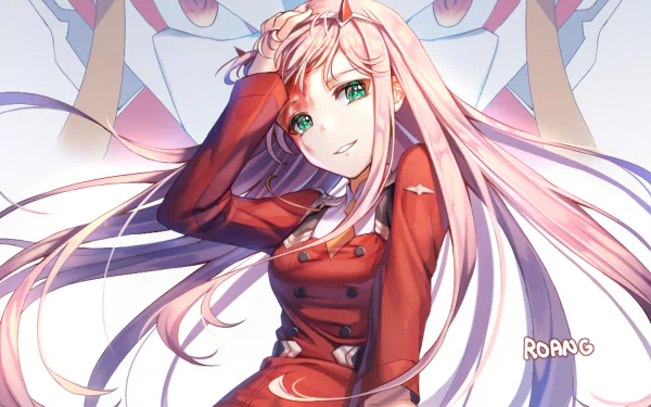 HD desktop wallpaper featuring Zero Two from Darling in the FranXX, striking a pose with flowing pink hair and captivating green eyes.