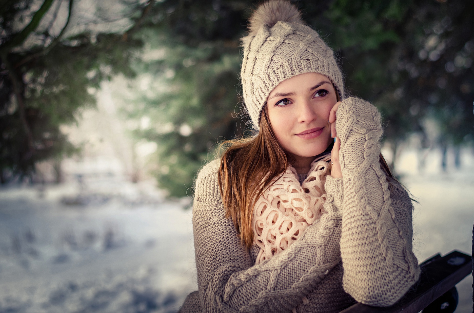 Download Depth Of Field Smile Snow Brown Eyes Hat Brunette Woman Model ...