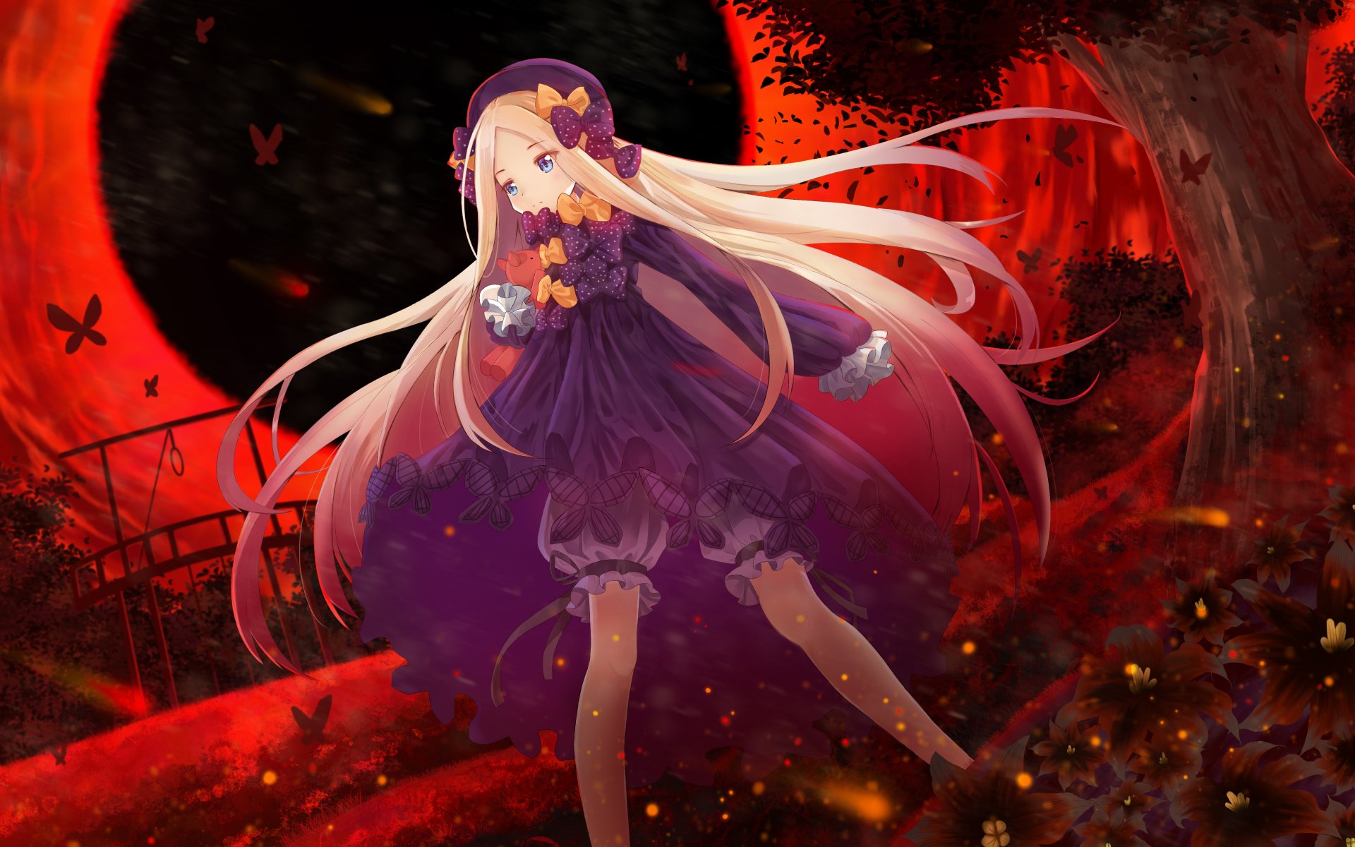 HD anime desktop wallpaper featuring Abigail Williams from Fate/Grand Order with flowing hair and dark purple outfit against a vivid red and black background.
