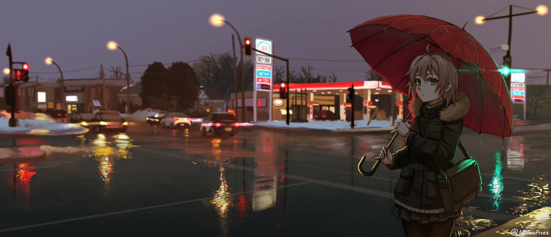 HD anime-style original desktop wallpaper featuring a girl with an umbrella standing on a rainy street near a gas station at dusk.
