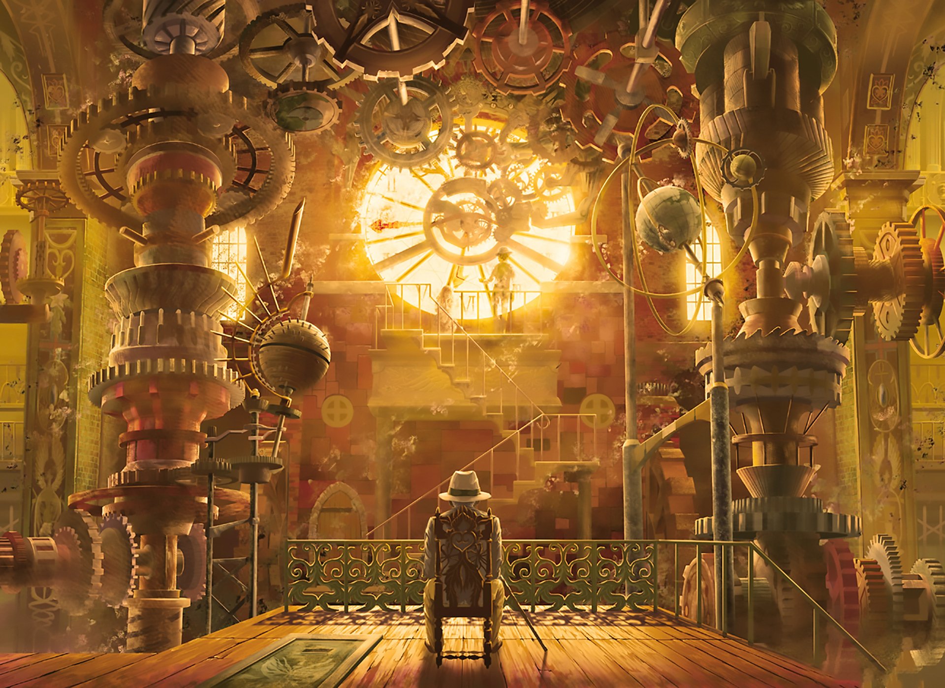 An original steampunk anime scene featuring a character standing in a vast, intricately designed room filled with gears and clockwork, illuminated by a glowing clock. HD desktop wallpaper.