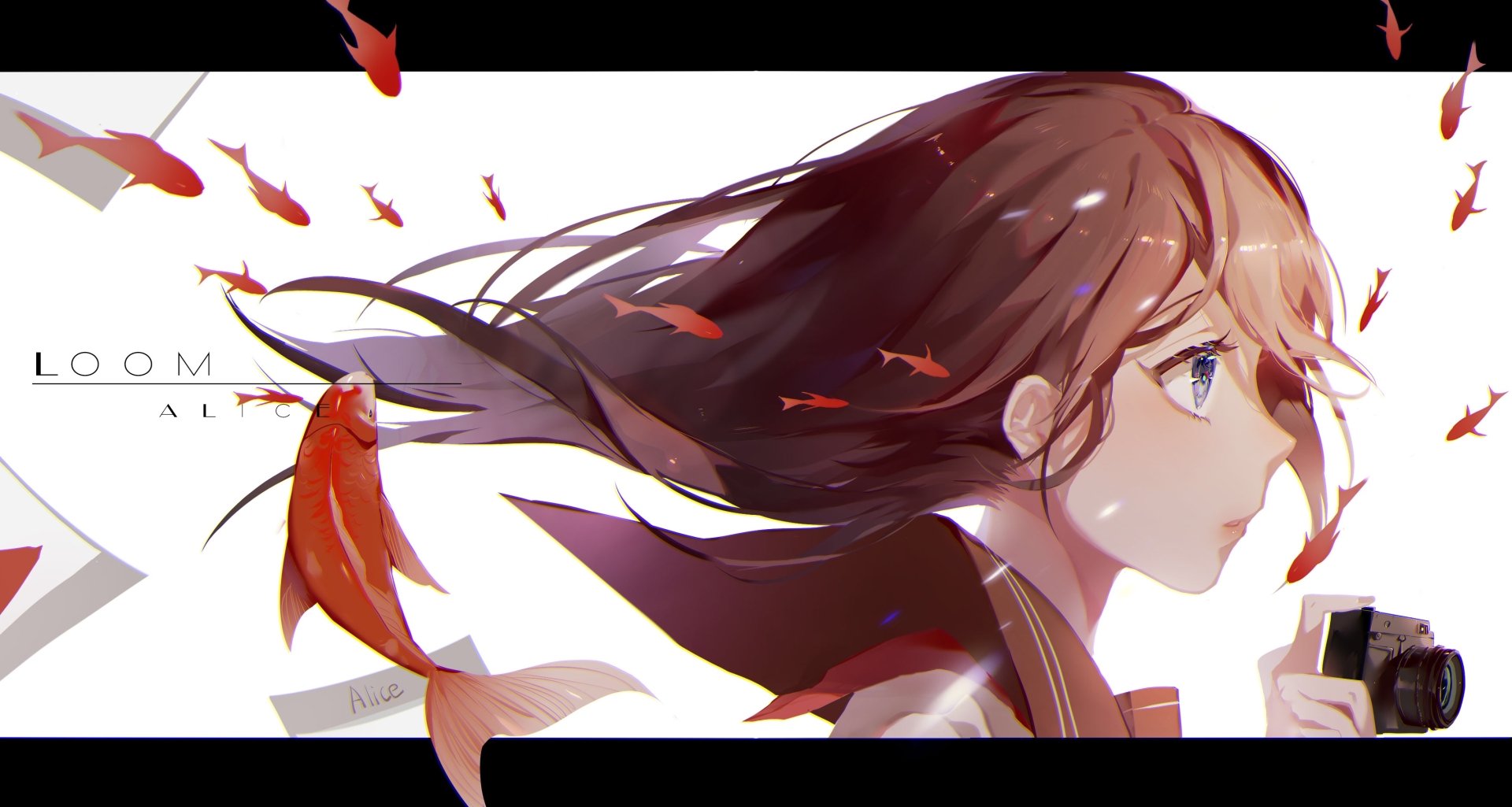Anime-style HD PC desktop wallpaper featuring a young girl with flowing hair surrounded by vibrant orange fish in a minimalist original art composition.