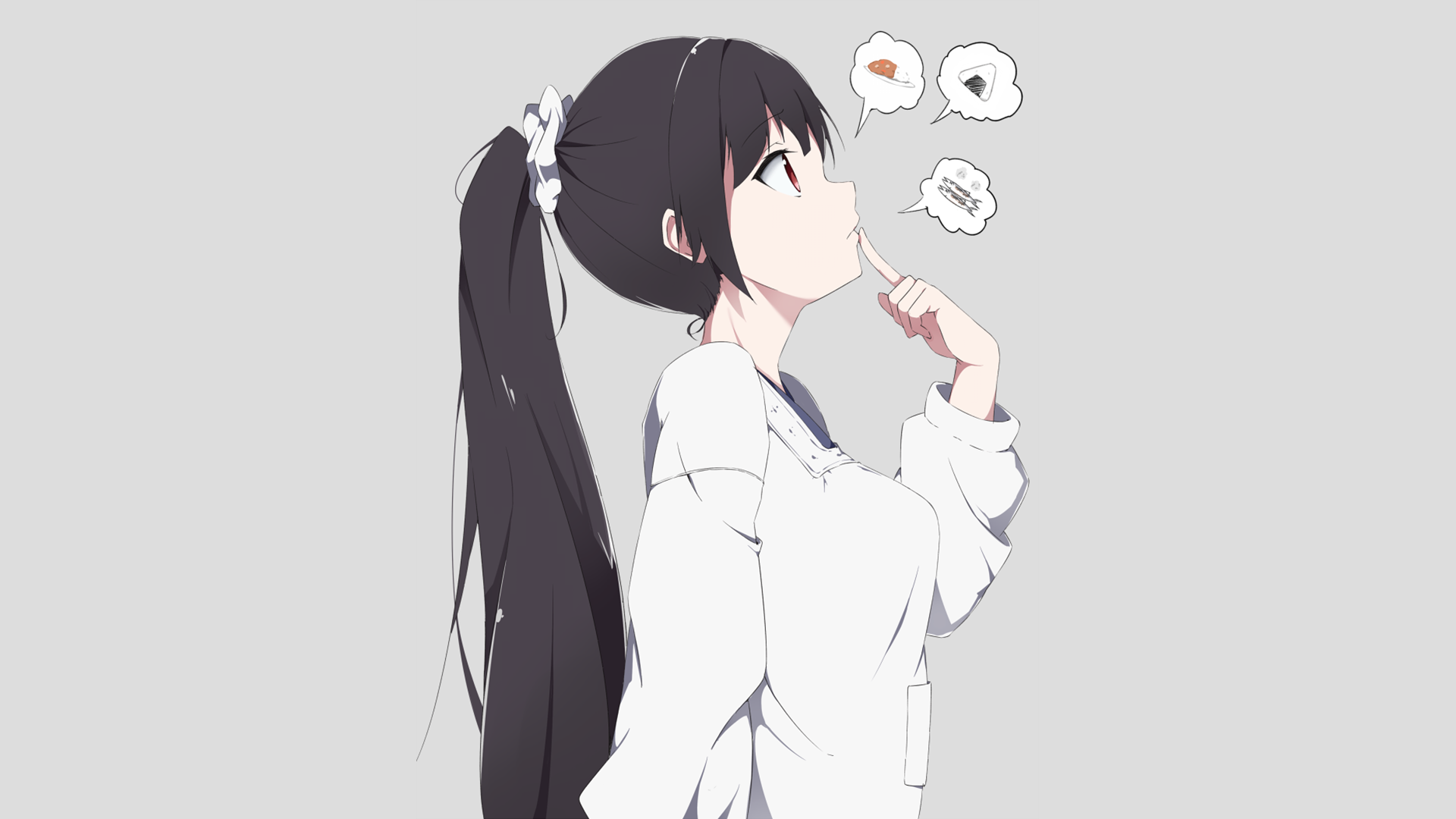 HD desktop wallpaper featuring Isokaze from the anime Kantai Collection, with a pensive expression and thought bubbles depicting food items on a light grey background.