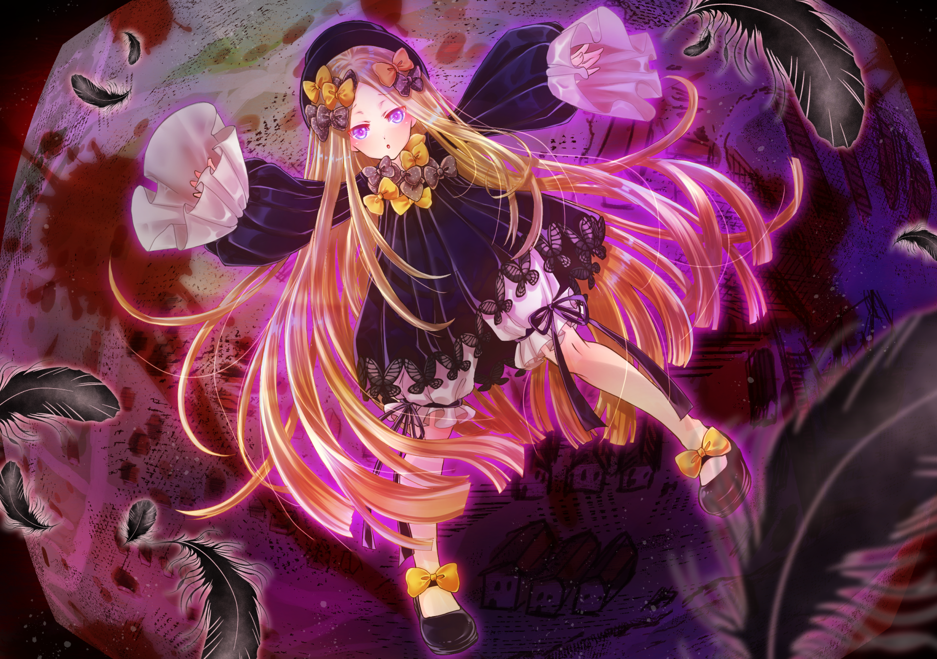 HD anime wallpaper featuring Abigail Williams from Fate/Grand Order with flowing hair and dark, mystical feathers against a vibrant, dynamic background.