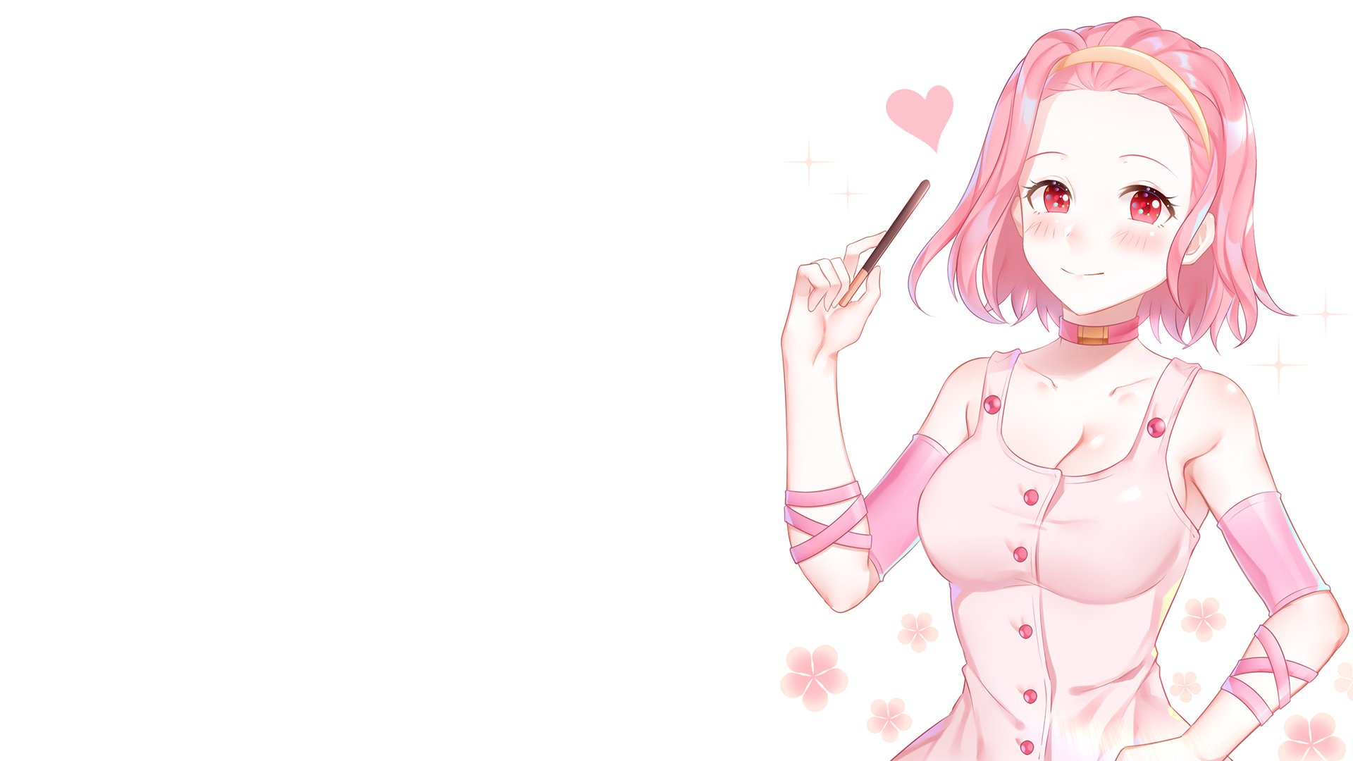 HD wallpaper featuring Reimi Sugimoto from Jojo's Bizarre Adventure: Diamond Is Unbreakable. She has pink hair, red eyes, and wears a pink outfit against a light background. The design includes a heart and flowers.