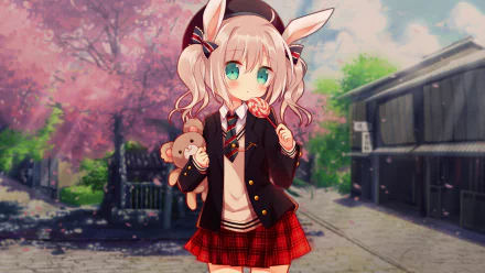 HD PC desktop wallpaper featuring an original anime girl with bunny ears and teal eyes in a school uniform, holding a teddy bear and lollipop beneath cherry blossoms on a quiet street background.