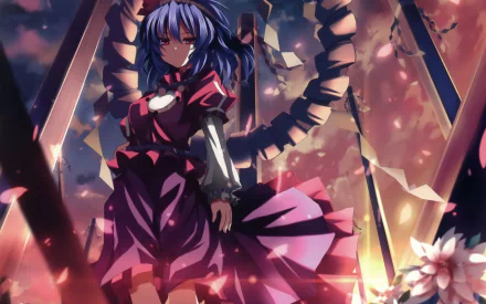 Kanako Yasaka from Touhou standing in dramatic twilight among glowing shrine fragments and falling petals, vibrant 2K Quad HD anime PC desktop wallpaper.