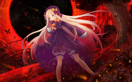 HD anime desktop wallpaper featuring Abigail Williams from Fate/Grand Order with flowing hair and dark purple outfit against a vivid red and black background.