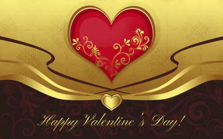 2K Quad HD PC desktop wallpaper: ornate red heart with gold filigree over gold and burgundy waves, Happy Valentine's Day! script — Valentine's Day holiday background.