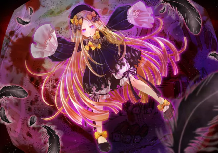 HD anime wallpaper featuring Abigail Williams from Fate/Grand Order with flowing hair and dark, mystical feathers against a vibrant, dynamic background.