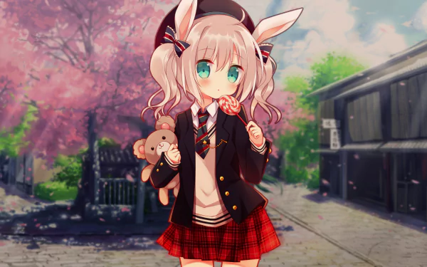 HD PC desktop wallpaper featuring an original anime girl with bunny ears and teal eyes in a school uniform, holding a teddy bear and lollipop beneath cherry blossoms on a quiet street background.