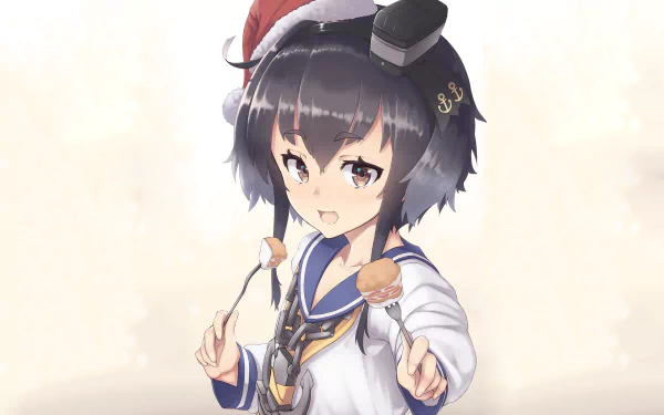 Tokitsukaze (Kancolle) anime: sailor-uniform girl with short dark hair and Santa hat, holding skewered dango and smiling on a soft cream background — HD PC desktop wallpaper, Kantai Collection.