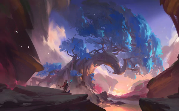 Fantasy HD desktop wallpaper featuring a wizard standing on a rocky landscape with a mystical, glowing blue tree against a vibrant, colorful sky.