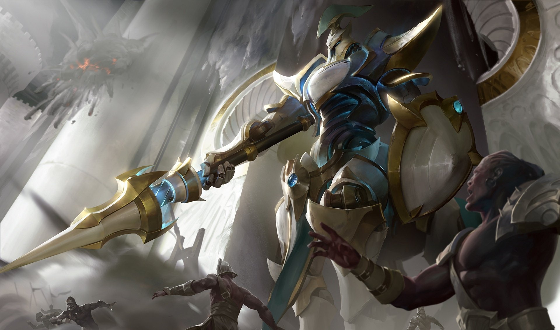 HD desktop wallpaper featuring Hecarim, an armored warrior from the video game League of Legends, depicted in an intense battle scene with other characters.