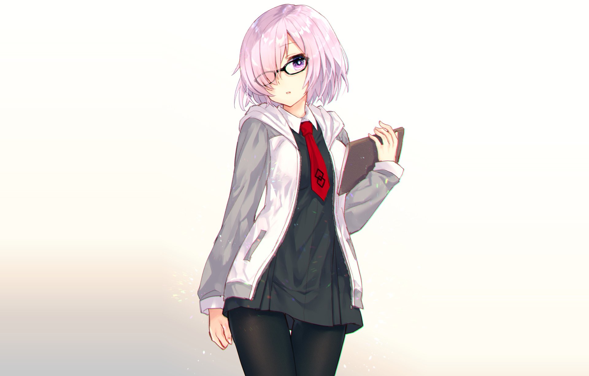 Anime character Mashu Kyrielight from Fate/Grand Order, featuring short hair, glasses, and a black dress with a tie, holding a book. A vibrant HD background complements the scene.