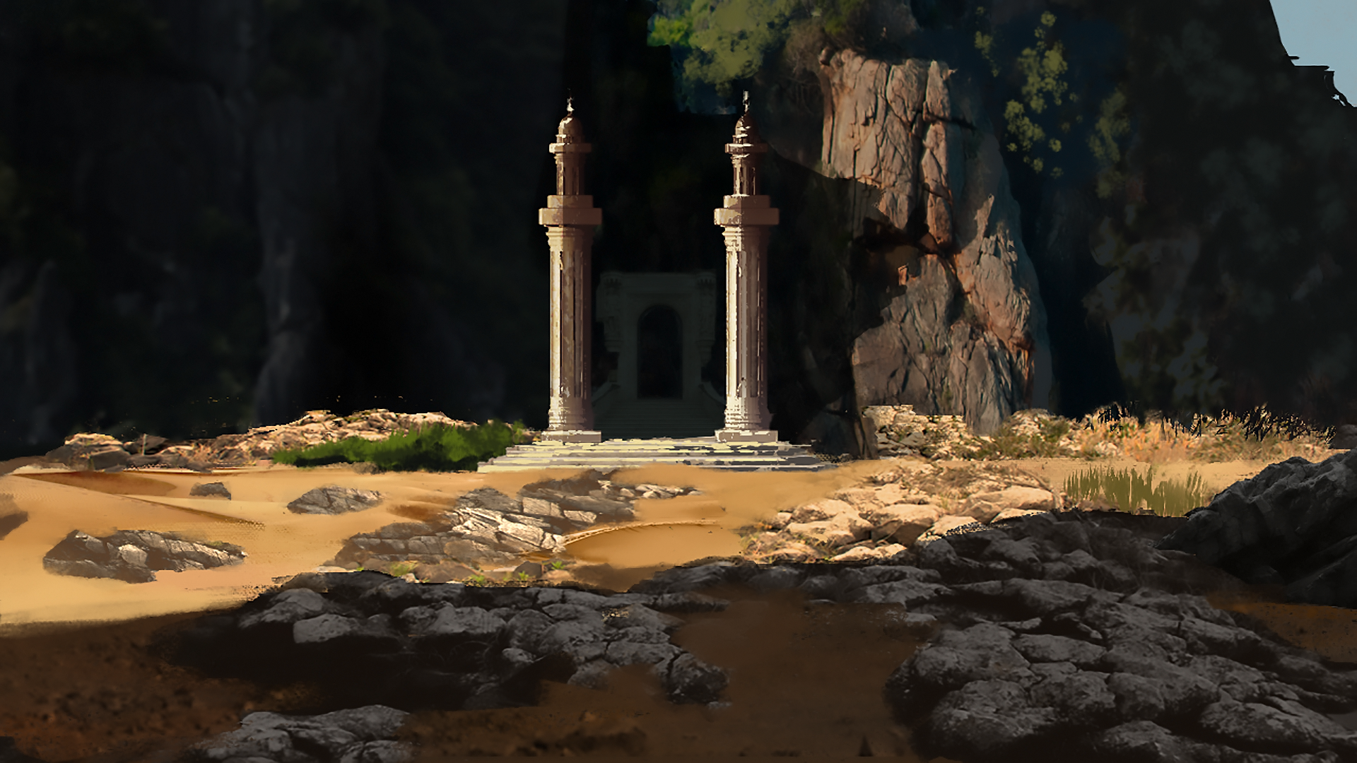 Fantasy ruin: sunlit stone archway flanked by twin pillars at a cavern mouth, rocky foreground and sparse grasses — HD PC Desktop Wallpaper and Background
