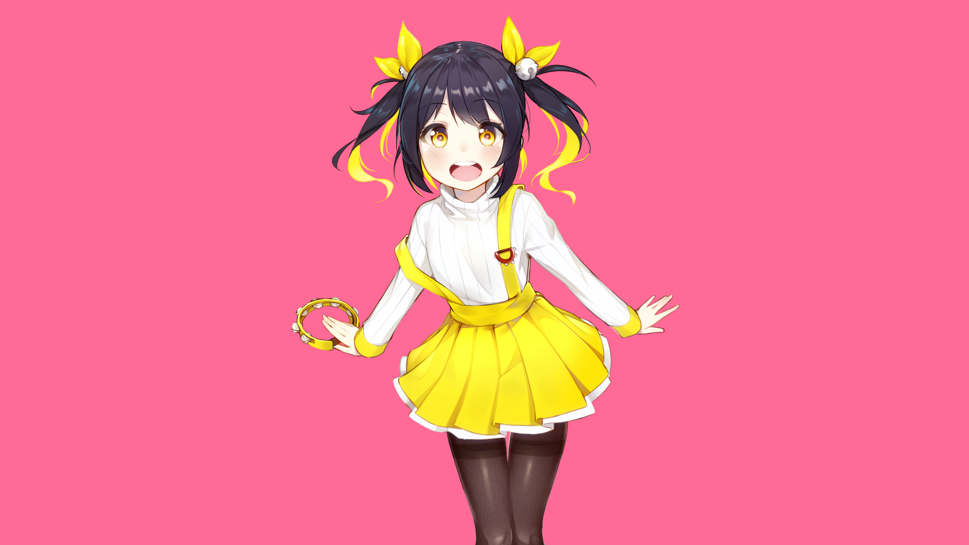 HD anime-style original desktop wallpaper featuring a cheerful girl with black twin tails, yellow ribbons, and a vibrant yellow skirt against a solid pink background.