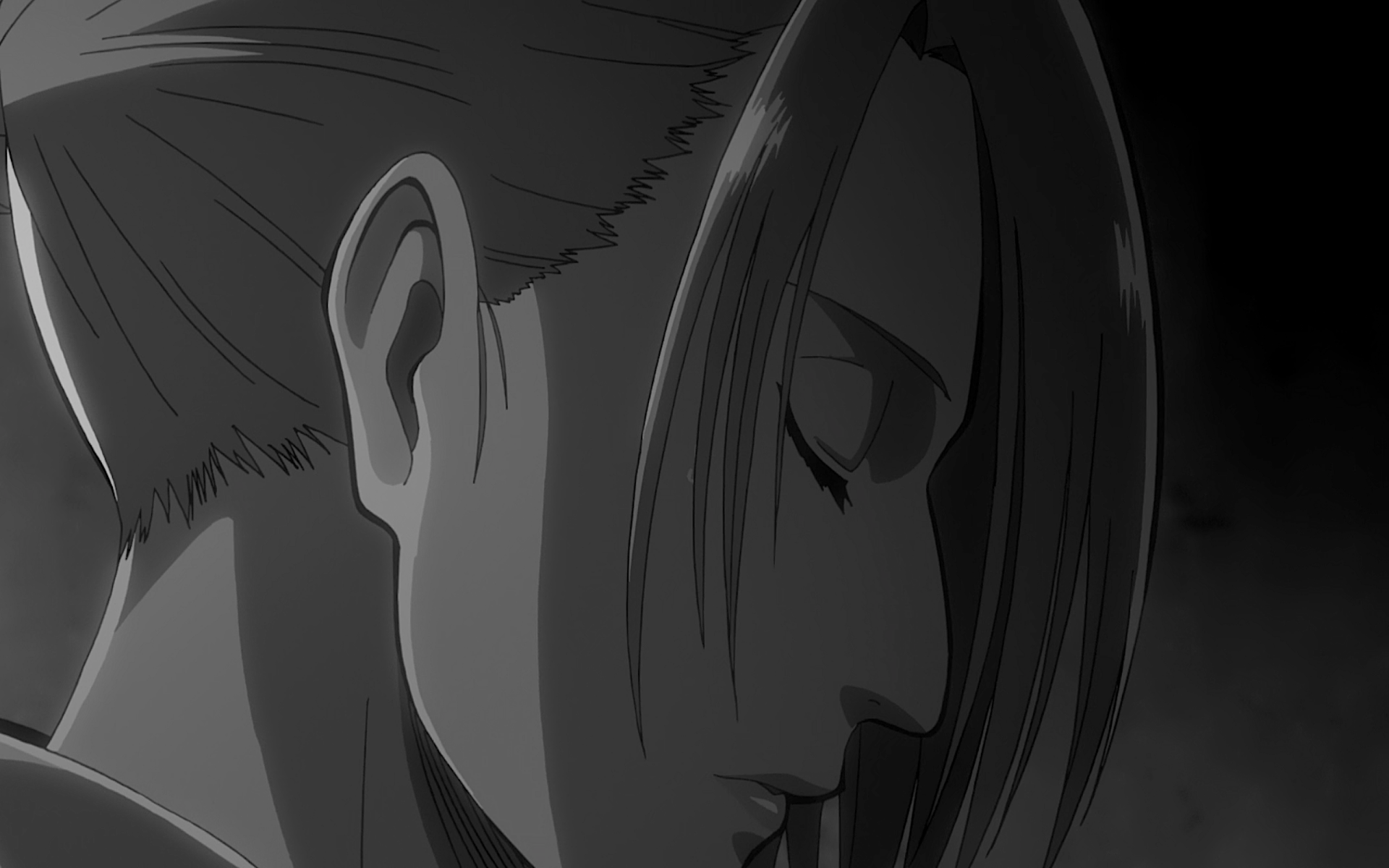 Black and white HD wallpaper of Annie Leonhart from Attack on Titan, displaying a somber expression.