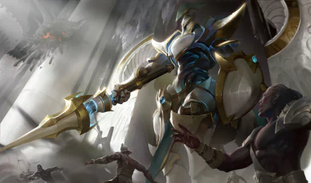 HD desktop wallpaper featuring Hecarim, an armored warrior from the video game League of Legends, depicted in an intense battle scene with other characters.