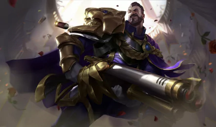 HD desktop wallpaper featuring Graves from League of Legends in detailed armor wielding a large gun, showcasing a powerful warrior from the video game.