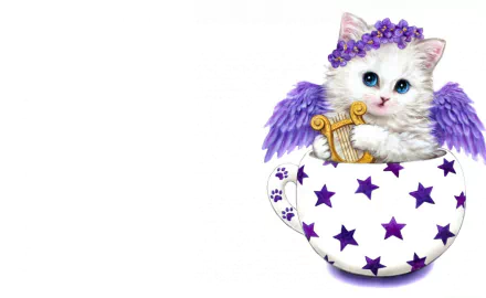 A white kitten with purple angel wings and a wreath, holding a golden lyre inside a purple-starred cup on a white background, artistic HD desktop wallpaper.