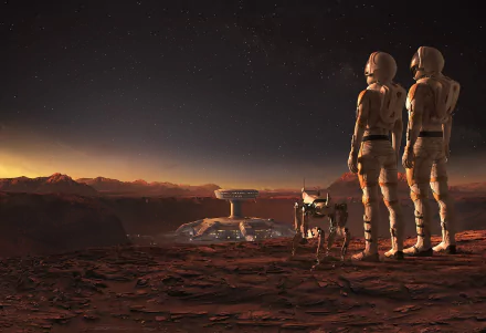 Two astronauts and a robot dog stand on a rocky landscape, overlooking a futuristic building in the distance under a dark sky. The scene is rendered as a high-definition, sci-fi themed desktop wallpaper.