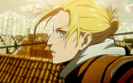 HD desktop wallpaper of Annie Leonhart from Attack on Titan, featuring a detailed anime-style scene with her in action against a backdrop of rooftops and walls.