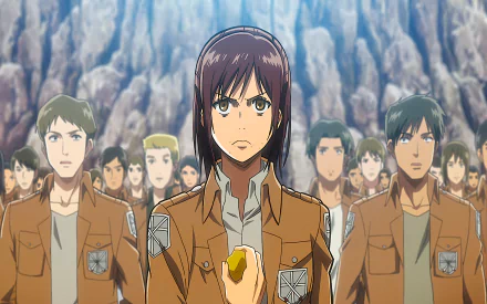 HD desktop wallpaper featuring Sasha Blouse from Attack on Titan's 104th trainees squad standing resolutely among her fellow cadets with a rugged, mountainous backdrop.