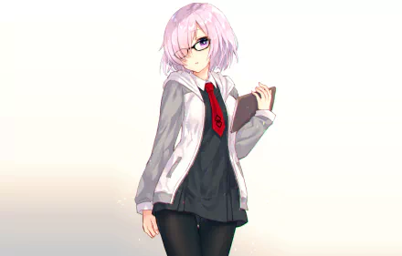 Anime character Mashu Kyrielight from Fate/Grand Order, featuring short hair, glasses, and a black dress with a tie, holding a book. A vibrant HD background complements the scene.