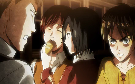 HD desktop wallpaper featuring characters Eren Yeager, Mikasa Ackerman, Sasha Blouse, and Jean Kirstein from the anime Attack on Titan.