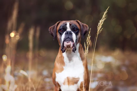 HD PC desktop wallpaper and background: close-up of a boxer dog (animal) in a golden field with soft bokeh lights and tall grass.