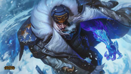 HD desktop wallpaper featuring Swain from League of Legends, a warrior from Noxus, poised for battle amidst a snowy backdrop, wielding a glowing blue power.