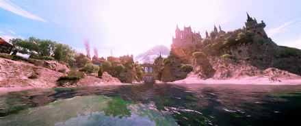 Fantasy landscape from The Witcher 3: Wild Hunt - Blood and Wine, featuring a castle and coastal scenery, showcased in an HD PC desktop wallpaper style.