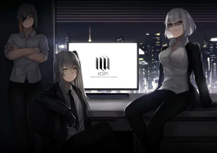 HD PC desktop wallpaper featuring Girls Frontline characters Thompson with an eye patch, M16a1 with glasses, and UMP45 against a nighttime cityscape and glowing monitor.