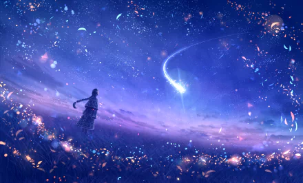 A dazzling HD night scene of a fantasy world in anime style. The image features a character gazing at a brilliant shooting star, surrounded by glowing plants and magical sparkles.