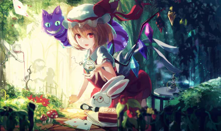 HD PC desktop wallpaper featuring Flandre Scarlet from the anime Touhou, depicted in a vibrant, magical forest setting with whimsical creatures and glowing light effects.