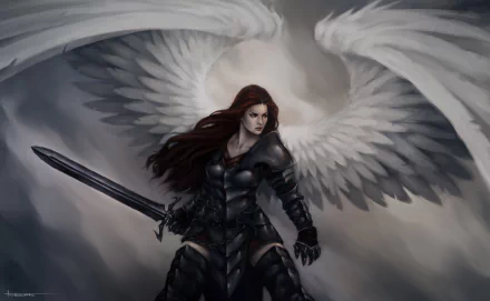 HD desktop wallpaper featuring a powerful angel warrior woman in dark armor with wings and a sword, set against a fantasy backdrop.