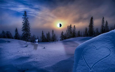 HD desktop wallpaper of a snowy forest at sunset with a winter wolf and a dramatic solar eclipse in the sky, capturing serene nature in a mystical winter scene.