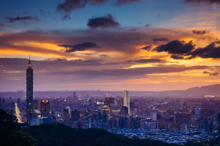 HD desktop wallpaper of Taipei cityscape, featuring a prominent skyscraper and a beautiful cloudy sunset sky, capturing the urban beauty of Taiwan.