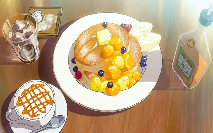 Anime-style HD wallpaper featuring a delicious breakfast scene with pancakes topped with butter, maple syrup, and blueberries, alongside a cup of coffee and ice cubes.