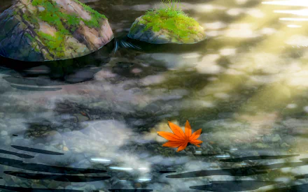 HD anime wallpaper depicting a tranquil scene with a leaf floating in a puddle, surrounded by moss-covered rocks and gentle sunlight filtering through. Background elements include water and lush greenery.
