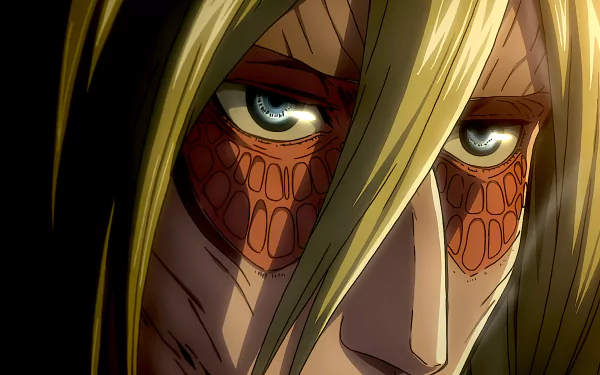 HD desktop wallpaper featuring a close-up of the Female Titan from Attack on Titan, showcasing her intense gaze and detailed features. The character depicted is Annie Leonhart.